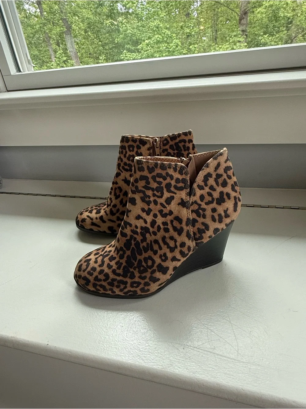 Soda Leopard Print Wedge Booties - Brown/Black Size 6.5